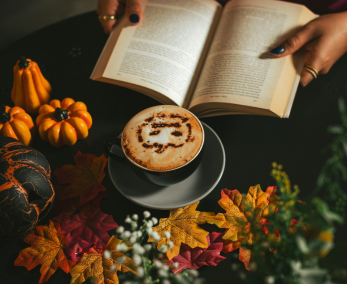 Une femme lisant un livre tout en tenant une tasse de café